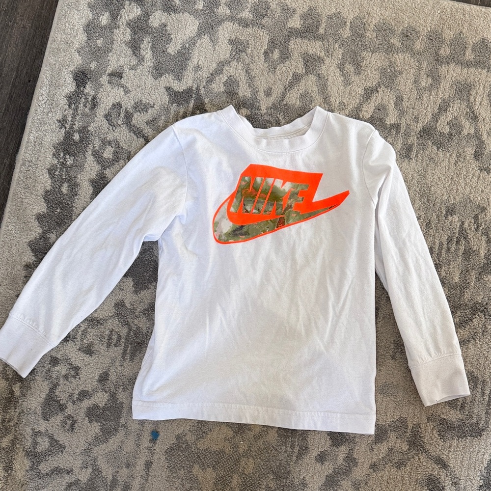 Nike Kids White Long Sleeve Tee with Orange Logo